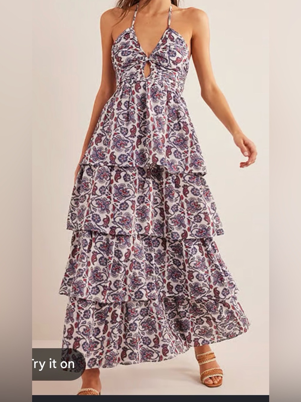 Boden ruched Tiered Maxi Dress with Paisley Print - White, Navy & Red